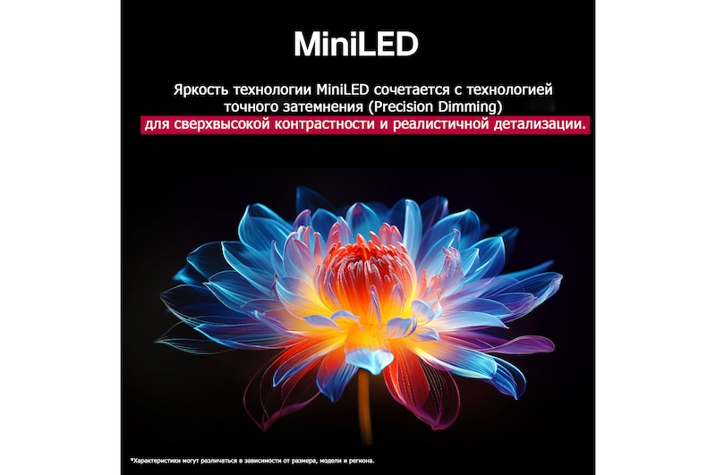 3D holographic flower in many different shades and hues against a black background. The definition and detail of the flower shows off QNED MiniLED's capability to produce visuals with exceptional color, brightness, and contrast. The title talks about how MiniLED enhances clarity and provides exceptional contrast.