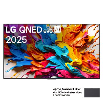 Front view of LG QNED evo AI QNED9M TV. LG QNED evo AI Logo on the. op corner. LG QNED evo TV depicts colorful paintike textures coming together. Zero Connect Box in the corner with the title, Zero Connect Box with 4K 144Hz wireless video & audio transfer.