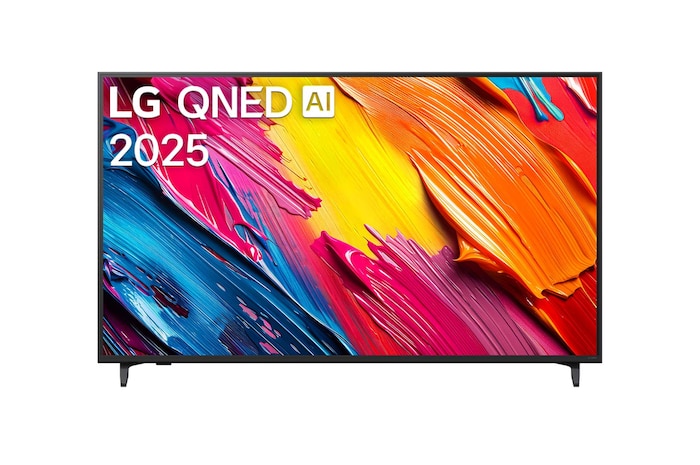 Вид спереди на телевизор LG QNED70 TV, логотип LG QNED AI в верхнем углу. LG QNED TV отображает красочные текстуры, напоминающие мазки краски, сливающиеся воедино.