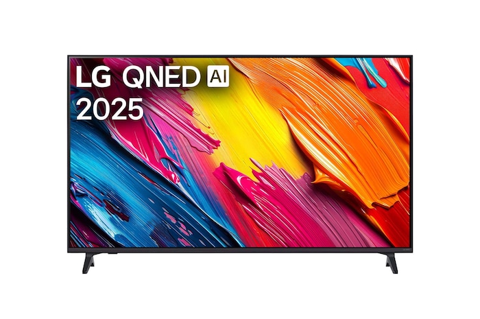 Вид спереди на телевизор LG QNED70 TV, логотип LG QNED AI в верхнем углу. LG QNED TV отображает красочные текстуры, напоминающие мазки краски, сливающиеся воедино.