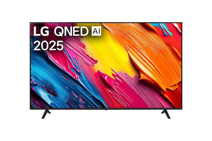 Вид спереди на телевизор LG QNED70 TV, логотип LG QNED AI в верхнем углу. LG QNED TV отображает красочные текстуры, напоминающие мазки краски, сливающиеся воедино.