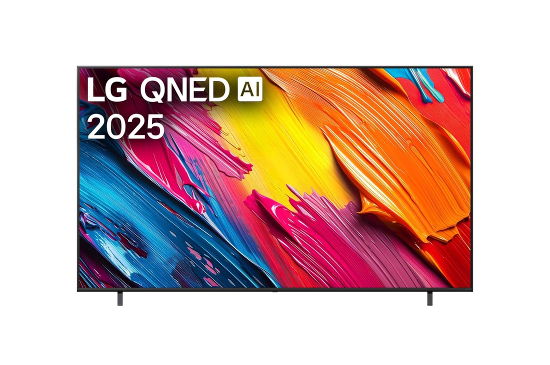 Вид спереди на телевизор LG QNED70 TV, логотип LG QNED AI в верхнем углу. LG QNED TV отображает красочные текстуры, напоминающие мазки краски, сливающиеся воедино.