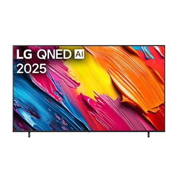 Вид спереди на телевизор LG QNED70 TV, логотип LG QNED AI в верхнем углу. LG QNED TV отображает красочные текстуры, напоминающие мазки краски, сливающиеся воедино.