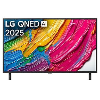 Передний вид LG QNED80 TV, логотип LG QNED AI в верхнем углу. LG QNED TV отображает красочные текстуры, напоминающие мазки краски, сливающиеся воедино.