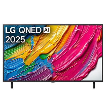 Передний вид LG QNED80 TV, логотип LG QNED AI в верхнем углу. LG QNED TV отображает красочные текстуры, напоминающие мазки краски, сливающиеся воедино.