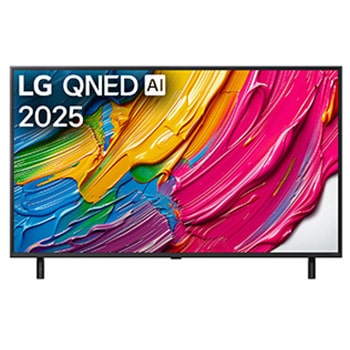 Передний вид LG QNED80 TV, логотип LG QNED AI в верхнем углу. LG QNED TV отображает красочные текстуры, напоминающие мазки краски, сливающиеся воедино.