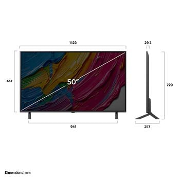 Вид спереди и сбоку на телевизор Smart TV LG QNED AI QNED80 4K с отображением его длины, ширины, высоты и глубины.