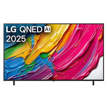 Передний вид LG QNED80 TV, логотип LG QNED AI в верхнем углу. LG QNED TV отображает красочные текстуры, напоминающие мазки краски, сливающиеся воедино.