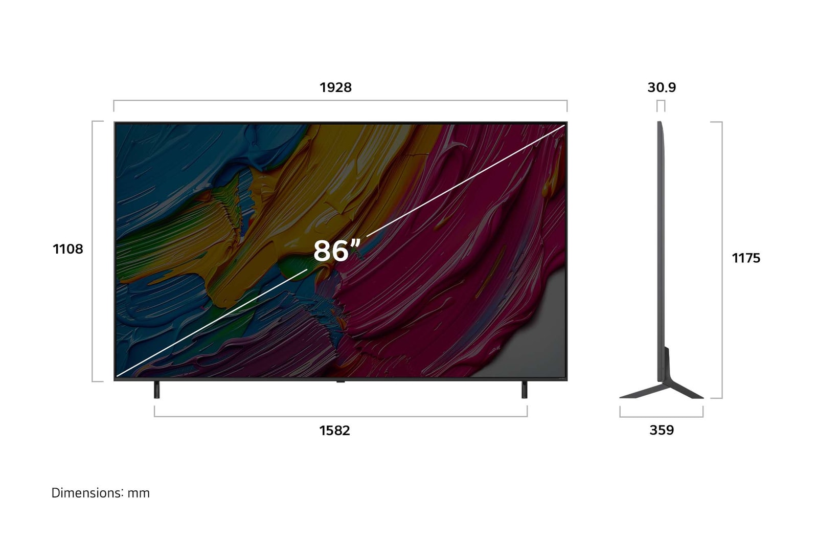 Вид спереди и сбоку на телевизор Smart TV LG QNED AI QNED80 4K с отображением его длины, ширины, высоты и глубины.