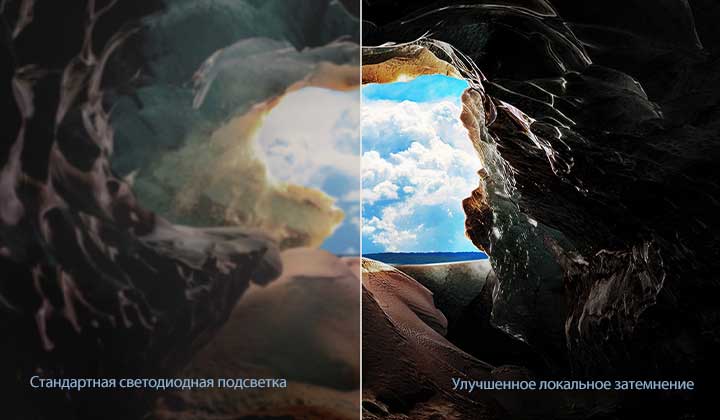 Перспектива изнутри пещеры с видом на ее вход, где видны голубое небо и горизонт. Вся сцена разделена пополам, чтобы продемонстрировать возможности продвинутого локального затемнения QNED. С одной стороны, цвета и детали выглядят вымытыми, а изображения кажутся размытыми. На ярлыке написано: Обычная светодиодная подсветка. С другой стороны — глубокие черные цвета, лучший контраст, яркость и цвет. На ярлыке написано: Продвинутое локальное затемнение.