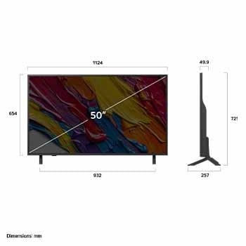 Front view and side view of LG QNED82 AI 4K Smart TV showing its length, width, height, and depth dimensions.
