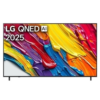 Передний вид LG QNED82 TV, логотип LG QNED AI в верхнем углу. LG QNED TV отображает красочные текстуры, напоминающие мазки краски, сливающиеся воедино.
