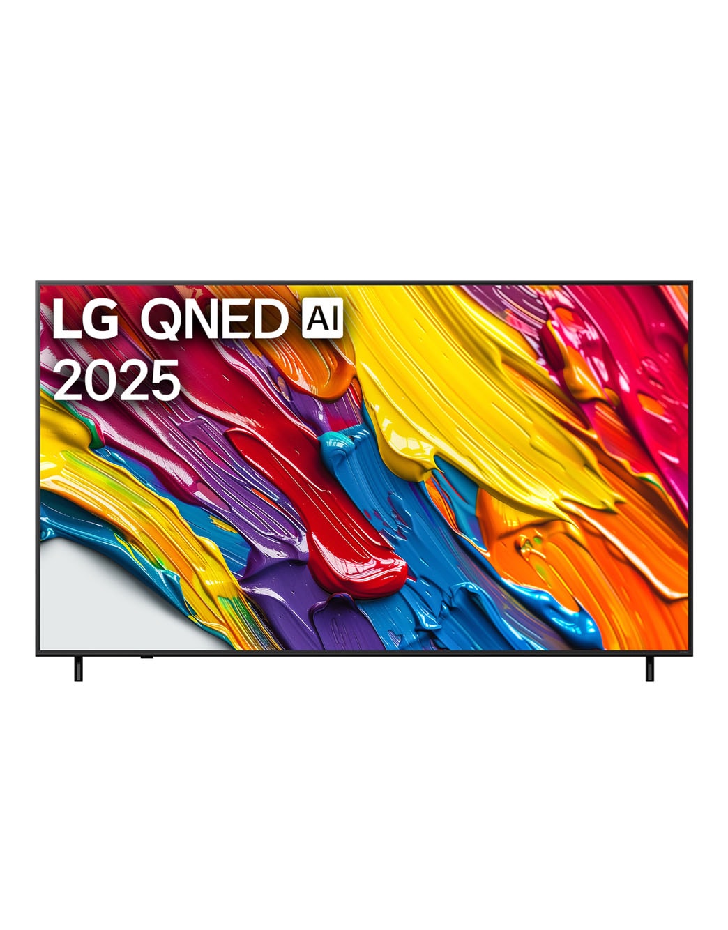 Front view of LG QNED82 TV, LG QNED Al Logo on the top corner. LG QNED TV depicts colorful paintike textures coming together.