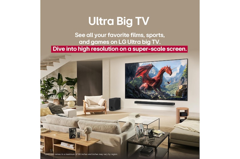 A family sits on a couch facing a LG QNED TV mounted on a wall above a LG Soundbar with a little girl pointing to a screen depicting two dolphins. The title talks about how every action is more thrilling on a massive screen.