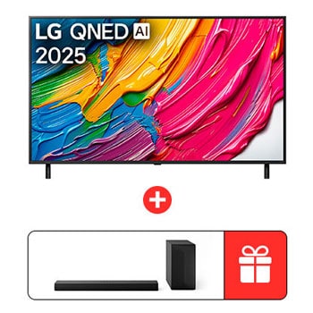 Front view of LG QNED82 TV, LG QNED Al Logo on the top corner. LG QNED TV depicts colorful paintike textures coming together.