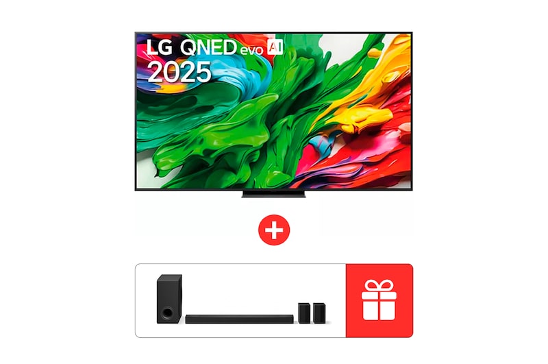 Front view of 86-дюймовый LG QNED evo AI QNED86 4K Телевизор Smart TV 2025 + Звуковая панель S80TR LG для домашнего кинотеатра с поддержкой технологии Dolby Atmos, 5.1.3-канальным звуком и задними динамиками  86QNED86A6A.S80TR