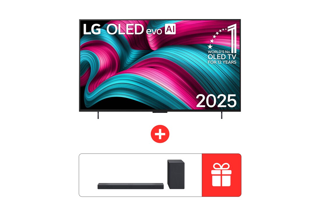 Вид спереди на телевизор Smart TV LG OLED evo AI C5 4K. На экране показаны эмблема «12 лет №1 в мире среди OLED» и логотип LG OLED evo AI 2025.