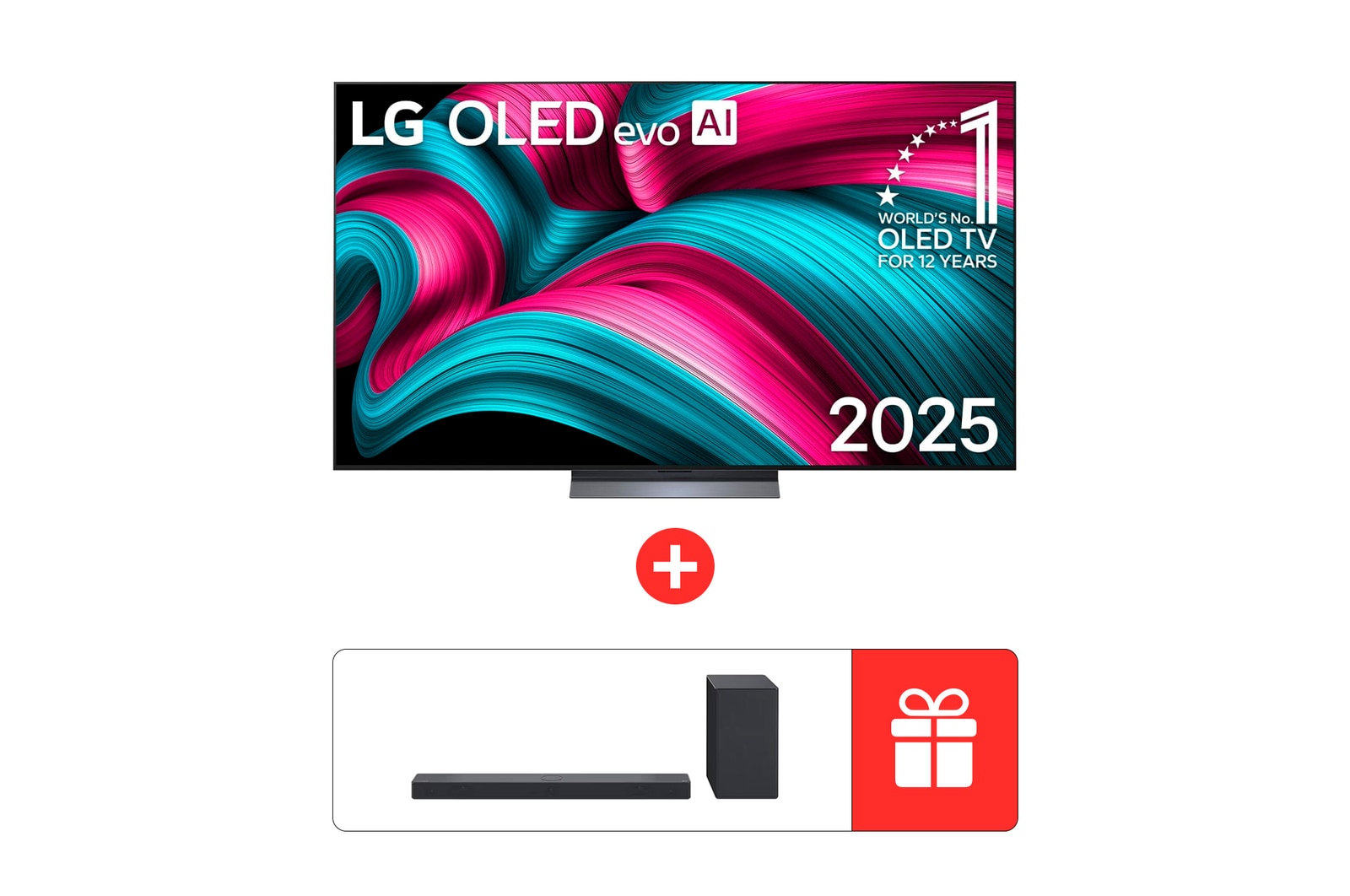 Вид спереди на телевизор Smart TV LG OLED evo AI C5 4K. На экране показаны эмблема «12 лет №1 в мире среди OLED» и логотип LG OLED evo AI 2025.