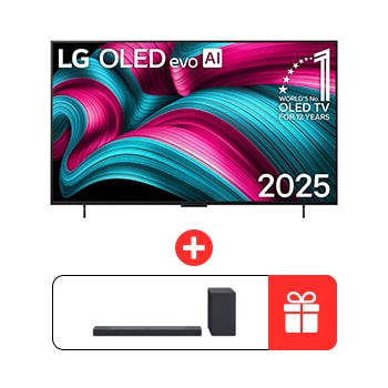 Вид спереди на телевизор Smart TV LG OLED evo AI C5 4K. На экране показаны эмблема «12 лет №1 в мире среди OLED» и логотип LG OLED evo AI 2025.