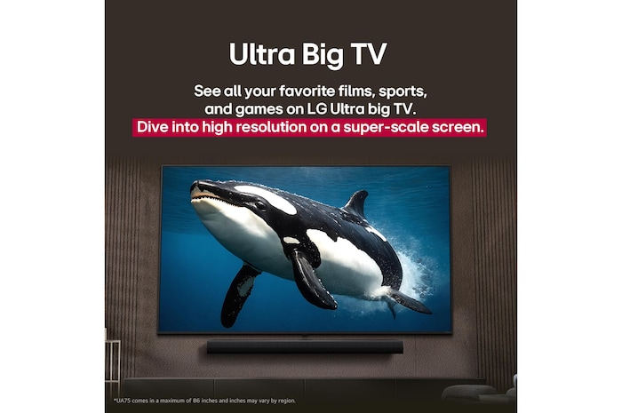 Телевизор LG TV со впечатляющим большим экраном, установленный на стене над звуковой панелью LG Soundbar в гостиной в современном стиле.