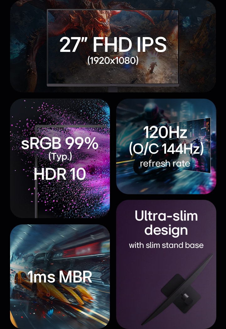 27-дюймовый FHD IPS 1920x1080, sRGB 99%, HDR 10, частота обновления 120Hz, 1ms MRB, ультратонкая конструкция