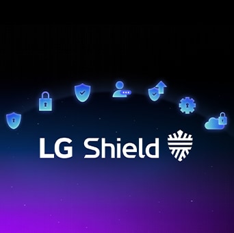 Эмблема LG Shield показана на темном фоне с иконками безопасности, подчеркивающими защиту конфиденциальности, безопасности данных и целостности системы в webOS.