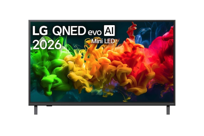 Вид спереди на телевизор LG QNED evo AI QNED80 Mini LED, выпущенный в 2026 году, показывает экран, заполненный яркими, плавными всплесками разных цветов в движении, богато наслоенные цвета плавно растекаются по дисплею.