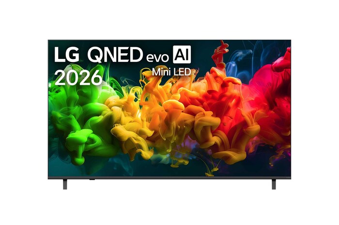 Вид спереди на телевизор LG QNED evo AI QNED80 Mini LED, выпущенный в 2026 году, показывает экран, заполненный яркими, плавными всплесками разных цветов в движении, богато наслоенные цвета плавно растекаются по дисплею.