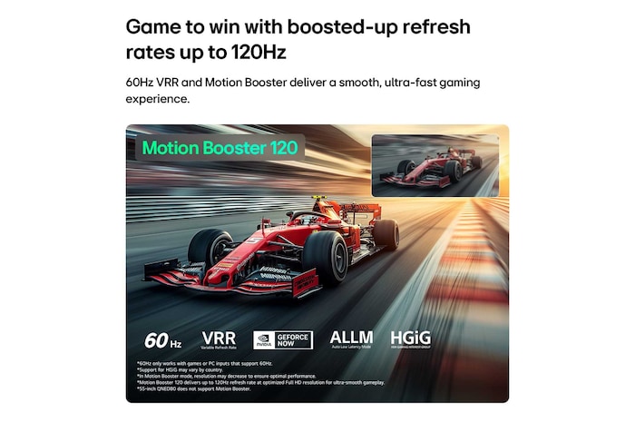 LG QNED evo AI QNED80 Mini LED для максимальных впечатлений от игры демонстрирует сцену высокоскоростных гонок с дополнительным окном для сравнения: более плавное движение благодаря Motion Booster 120, при этом поддерживаются 60Hz, VRR, AMD FreeSync, ALLM, HGiG и GeForce NOW.