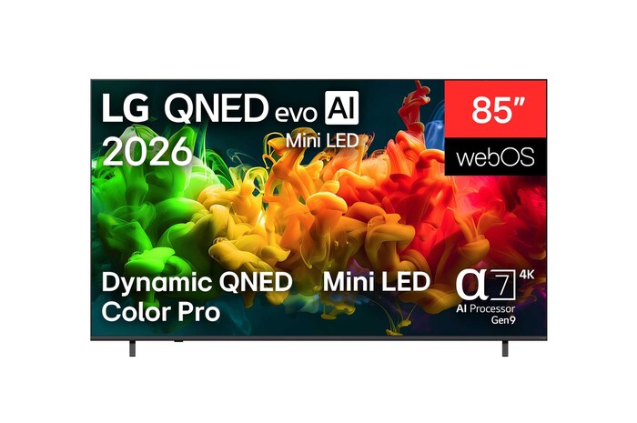 Вид спереди на телевизор LG QNED evo AI QNED80 Mini LED, выпущенный в 2026 году, демонстрирует яркие, плавные потоки разных цветов в движении, представляя функции Dynamic QNED Color Pro, Mini LED, интеллектуальный процессор alpha 7 AI 4K Gen9, webOS и 85-дюймовый дисплей.