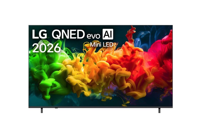 Вид спереди на телевизор LG QNED evo AI QNED80 Mini LED, выпущенный в 2026 году, показывает экран, заполненный яркими, плавными всплесками разных цветов в движении, богато наслоенные цвета плавно растекаются по дисплею.
