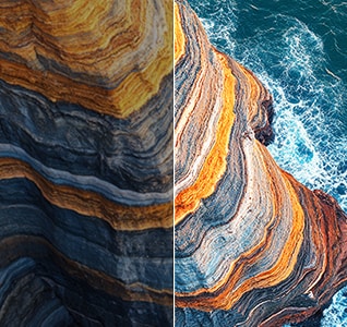 LG QNED AI QNED70 Mini LED демонстрирует преимущества Mini LED на примере сцены с прибрежным утесом, разделенной на две части для сравнения с обычной LED-подсветкой: более глубокие черные оттенки и более тонкий контраст подчеркивают многослойную фактуру скал и детали океана, обеспечивая большую четкость и глубину изображения.