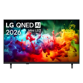 Вид спереди на телевизор LG QNED AI QNED70 Mini LED, выпущенный в 2026 году, показывает экран, заполненный яркими, плавными всплесками разных цветов в движении, тонко наслоенные цвета плавно рассеиваются по дисплею.