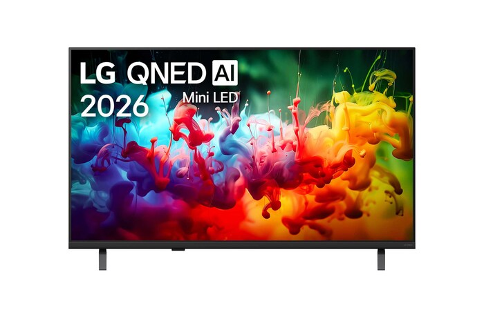 Вид спереди на телевизор LG QNED AI QNED70 Mini LED, выпущенный в 2026 году, показывает экран, заполненный яркими, плавными всплесками разных цветов в движении, тонко наслоенные цвета плавно рассеиваются по дисплею.