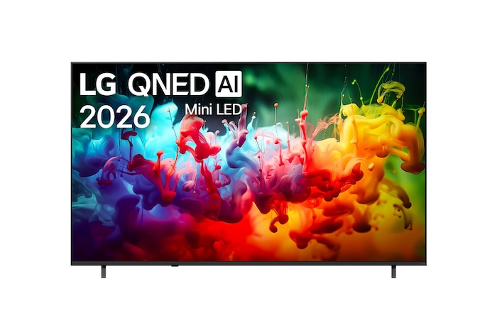 Вид спереди на телевизор LG QNED AI QNED70 Mini LED, выпущенный в 2026 году, показывает экран, заполненный яркими, плавными всплесками разных цветов в движении, тонко наслоенные цвета плавно рассеиваются по дисплею.