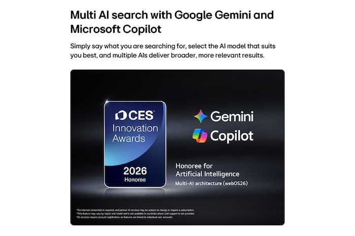Значок премии CES Innovation Awards 2026 в категории «Искусственный интеллект» отмечает функцию поиска Multi-AI, с использованием Google Gemini и Microsoft Copilot.