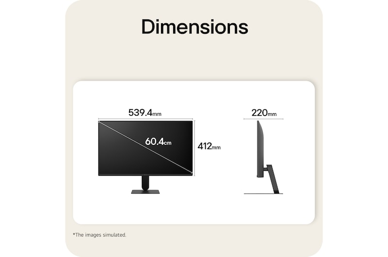 Вид спереди и сбоку на монитор LG FHD с размерами устройства, указанными в миллиметрах.