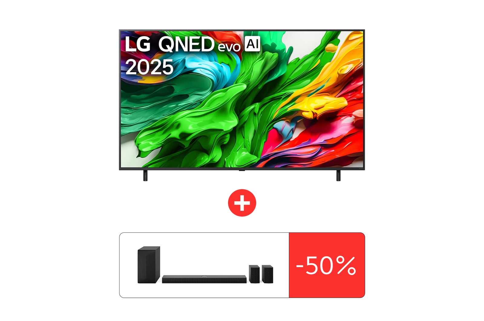 Вид спереди на телевизор LG QNED evo QNED85, логотип LG QNED evo Al в верхнем углу. Телевизор LG QNED evo QNED85 отображает красочные текстуры, напоминающие мазки краски, сливающиеся воедино.