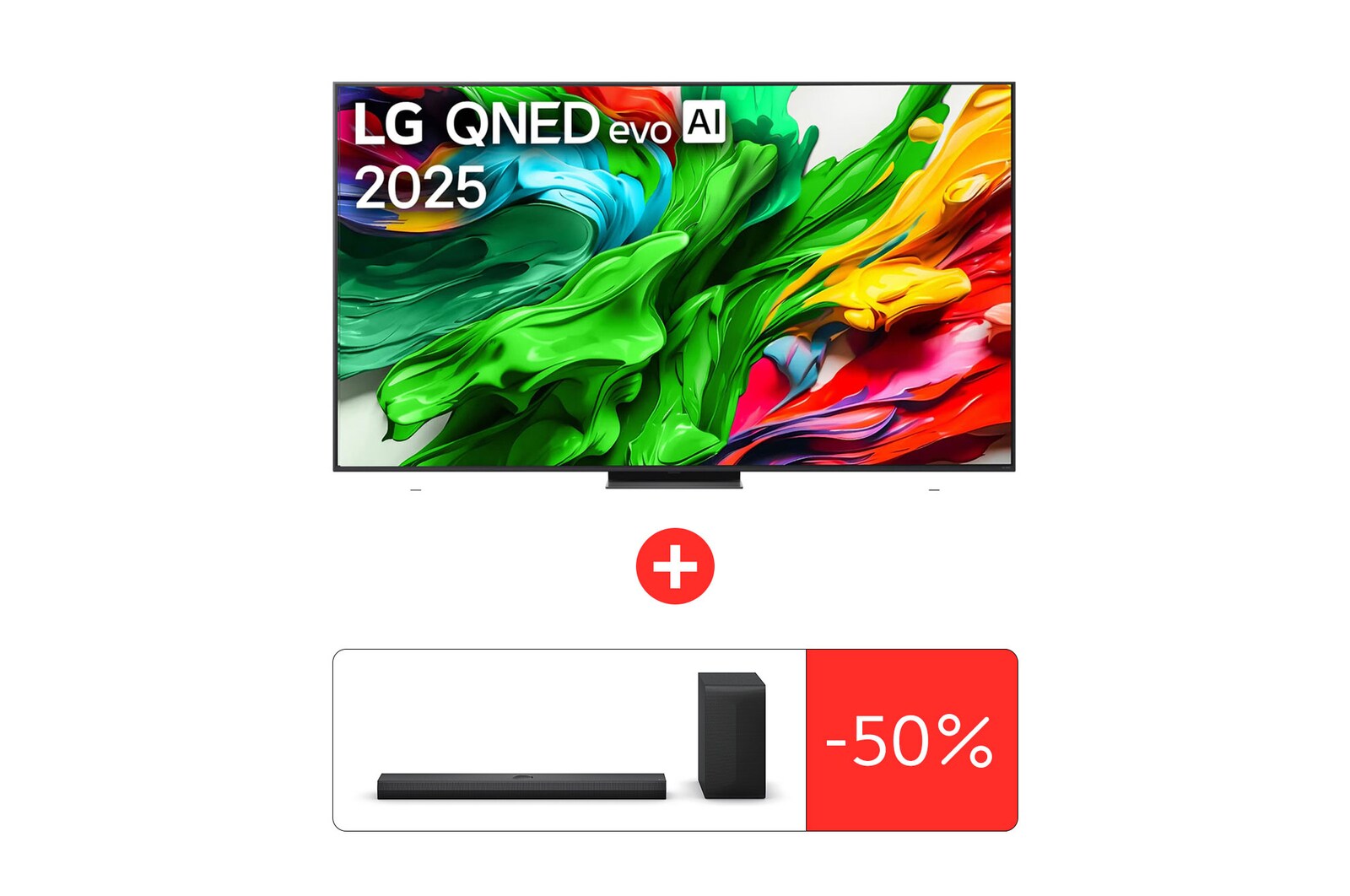 Front view of 100 дюймовый LG QNED evo AI QNED86 4K Телевизор Smart TV 2025 + Саундбар LG S70TY 100QNED86A6.S70TY