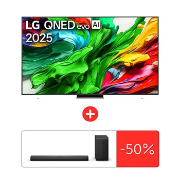 Front view of 100 дюймовый LG QNED evo AI QNED86 4K Телевизор Smart TV 2025 + Саундбар LG S70TY 100QNED86A6.S70TY