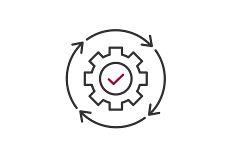 Изображена шестерня с символом галочки в центре, и круг вращается по часовой стрелке вокруг нее.