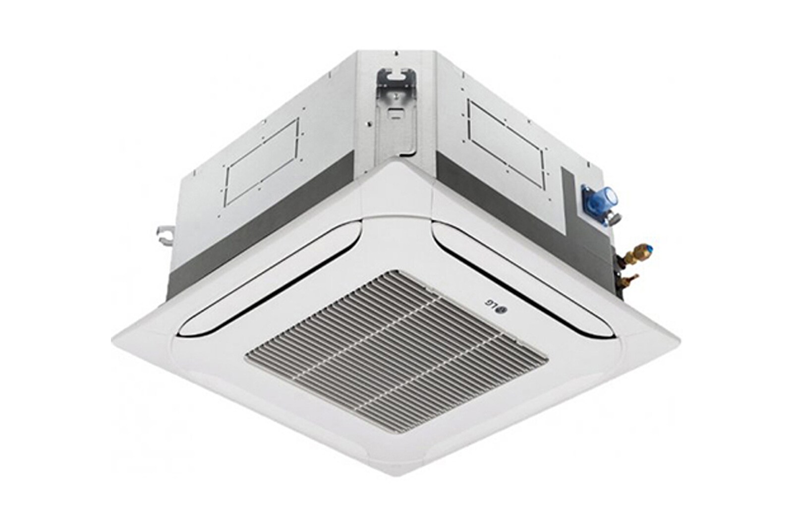 Ceiling Cassette ARNU07GTRB4 от LG окрашена в серый цвет вверху и белый –- внизу. Внизу в четырех направлениях расположены вентиляторы для выхода воздуха.