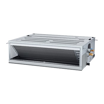 Concealed Duct ARNU18GM1A4 от LG представляет собой серый прямоугольный параллелепипед с несколькими вентиляционными отверстиями справа и отверстием для выхода воздуха впереди.