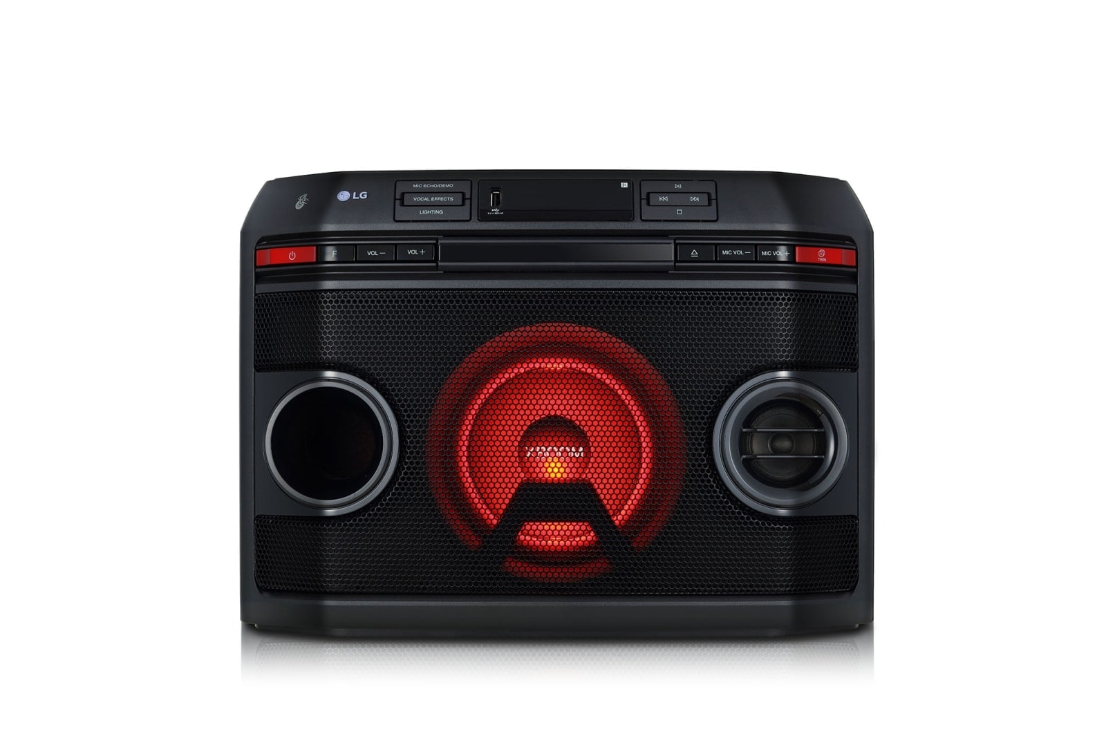 Вид LG XBOOM, 220 Ватт, функция караоке, DVD плеер OL45 спереди