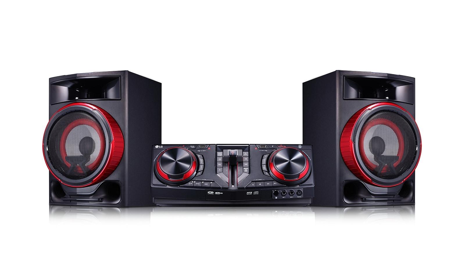 Вид LG XBOOM | Минисистема для вечеринок, 2350 Вт, 2350 Вт, Функция Караоке, Подсветка, Функций DJ CJ87 спереди