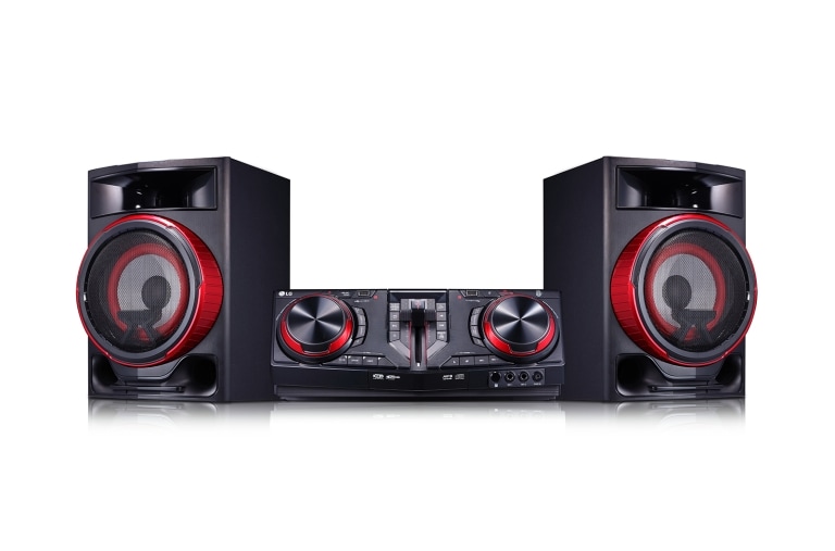 Вид LG XBOOM | Минисистема для вечеринок, 2350 Вт, 2350 Вт, Функция Караоке, Подсветка, Функций DJ CJ87 спереди