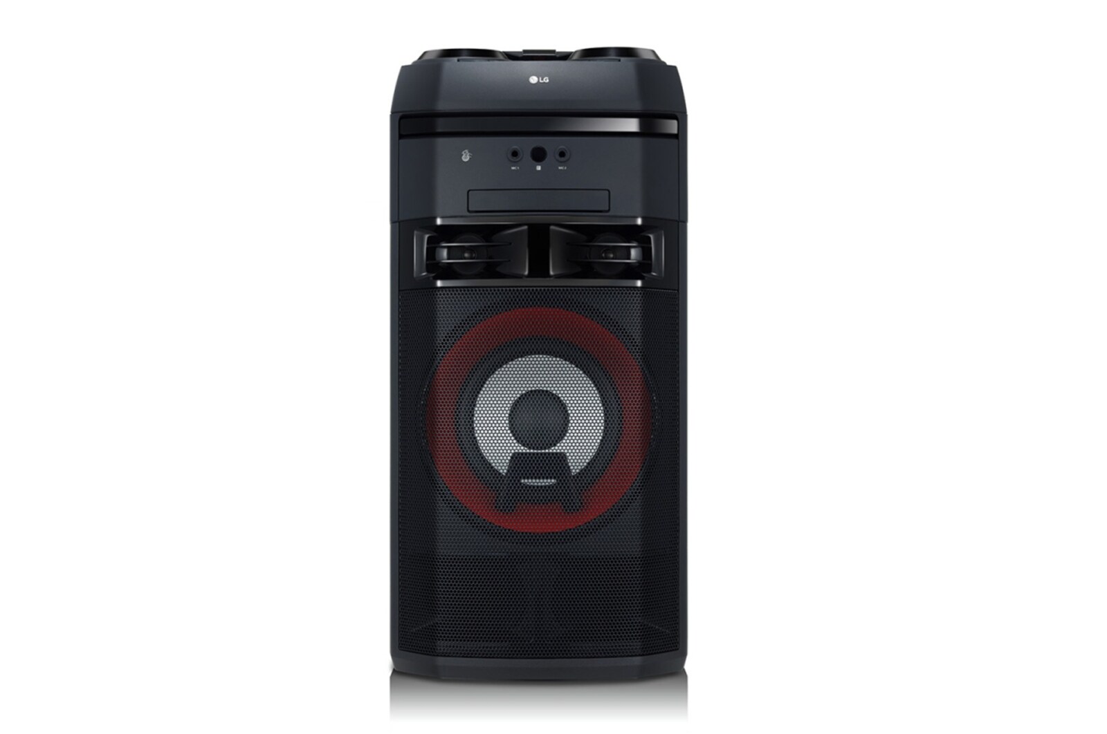 Вид LG XBOOM, функция караоке, диск с 2000 песнями и микрофоном в комплекте OL75DK спереди