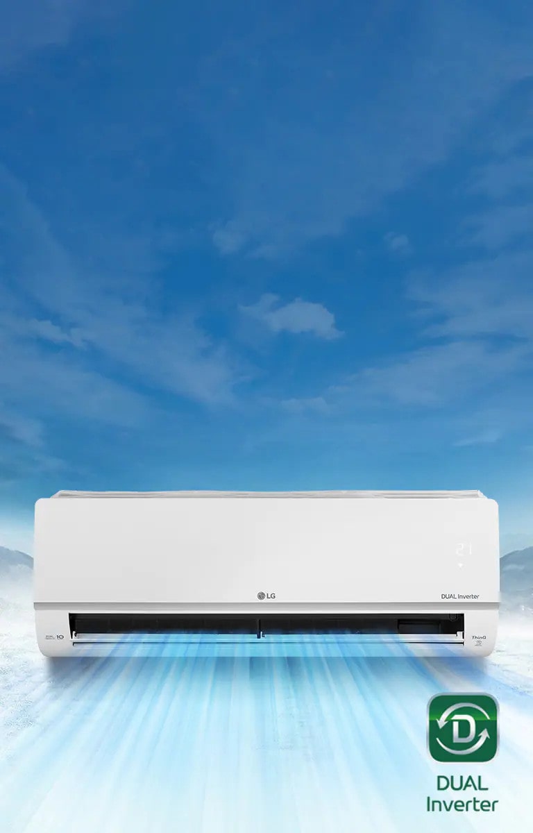 На заднем плане - заснеженный горный пейзаж. Вид спереди на кондиционер находится на переднем плане, из устройства выдувается воздух. Логотип LG находится в центре устройства, а логотип Dual Inverter, логотип ThinQ и логотип Dual Inverter с 10-летней гарантией видны по бокам передней панели. Панель качества воздуха подсвечивается зеленым цветом с правой стороны. Логотип Dual Inverter находится в правом нижнем углу видео.
