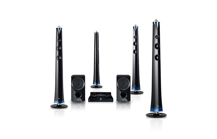 Вид LG Smart 3D Blu-ray™ домашний кинотеатр с беспроводными колонками HX996TS спереди