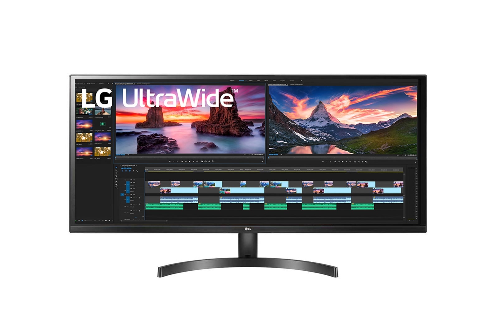 Вид Монитор LG, LED, 34&#34;(86.36 см), UWQHD 3440x1440, 60Гц, IPS, UWHD 2560x1080, 75Гц, IPS, UltraWide экрана 21:9, Интерфейс OnScreen Control, Стойка в форме дуги 34WK500-P спереди